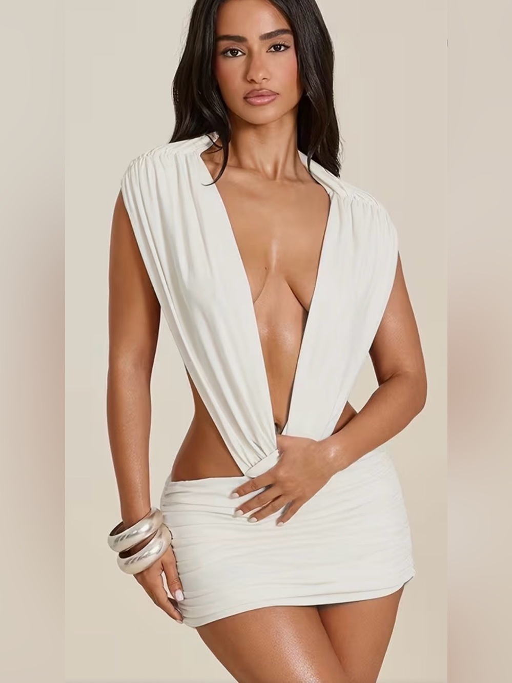 Women' Sexy Backless Halter Mini Dress - Plunging Bodycon Clubwear Dress with